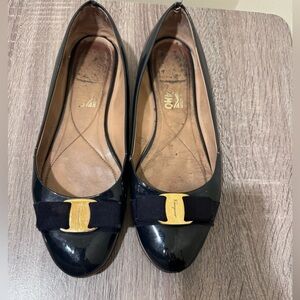 Ferragamo Navy Flats with Gold Logo Detail